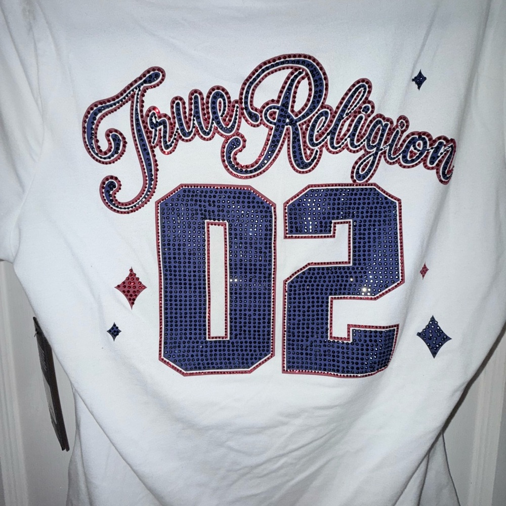 True Religion White Tee with Blue and Red Details